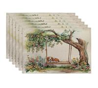 Spring Basset Hound Dog Placemats Set of 6, 12x18 Inch, Cute Floral Tree Swing 6Pcs Seasonal Table Mats for Dinning, Pet Holiday Home Kitchen Decor