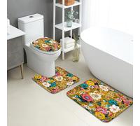 Spring Bathroom Mat Sets 3 Piece, Colorful Floral Patterns Absorbent Non Slip Toilet Rugs U Shaped Washable, Vibrant Flower Quick Dry Flannel Bathroom Rug Set