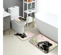 Spring Bathroom Mat Sets 3 Piece, Floral Black Pomeranian Dog Absorbent Non Slip Toilet Rugs U Shaped Washable, Garden Theme Quick Dry Memory Foam Bathroom Rug Set