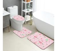 Spring Bathroom Mat Sets 3 Piece, Peach Floral Bow Pattern Absorbent Non Slip Toilet Rugs U Shaped Washable, Cute Flower Quick Dry Flannel Bathroom Rug Set