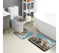 Spring Bathroom Mat Sets 3 Piece, Rustic Highland Cattle Floral Absorbent Non Slip Toilet Rugs U Shaped Washable, Natural Quick Dry Memory Foam Bathroom Rug Set