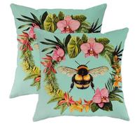Spring Bee Pillow Covers Set of 2, Teal Floral Bees Throw Pillow Cases, Outdoor Decorative Square Cottage Decor Cushions for Home Sofa Bed Couch 18x18 Inch