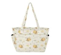 Spring Bees Flowers Beige print Quilted Tote Bag for Women, Lightweight Puffy Shoulder Bag with Zipper and Compartments Large Capacity Handbag for Gym Travel Work