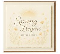 Spring Begins Greeting Card - Elegant Sun and Wildflower Illustration in Soft Neutrals, Seasonal Nature Design