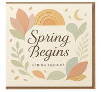 Spring Begins Spring Equinox Greeting Card - Pastel Leaves, Sun and Moon Design - Seasonal Nature Card