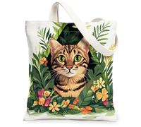 Spring Bengal Cat Canvas Tote Bag for Shopping 13x15, Fun Plant Flower Kitten Reusable Grocery Print Pattern Bag for Women, Cute Leaf Pet Aesthetic Painting Gift Decor