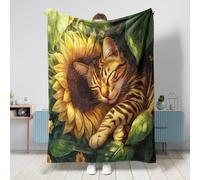 Spring Bengal Cat Throw Blanket 50x60 Inch, Sunflower Leaf Kitten Soft Cozy Fuzzy Blanket for Couch Living Room Beach Travel, Fun Plant Pet Home Sofa Decor