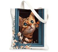 Spring Bengal Cats Canvas Tote Bag for Shopping 13 * 15, Funny Floral Windows Reusable Grocery Shoulder Bag for Women, Pet Painting Gift Decor