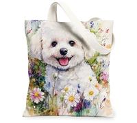 Spring Bichon Frise Dog Canvas Tote Bag for Shopping 13x15, Fun Watercolor Wildflower Puppy Reusable Grocery Print Pattern Bag for Women, Pet Aesthetic Painting Gift Decor