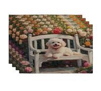 Spring Bichon Frise Dog Placemats Set of 4, 12x18 Inch, Romantic Floral Bench 4Pcs Seasonal Table Mats for Home Dinning, Pet Holiday Party Kitchen Decor