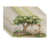 Spring Bichon Frise Dog Placemats Set of 6, 12''x18'', Cute Floral Tree Swing 6Pcs Washable Table Mats for Home Dinning, Pet Holiday Party Kitchen Decoration