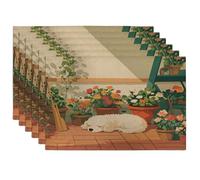 Spring Bichon Frise Dog Placemats Set of 6, 12''x18'', Cute Flowers Pot Plant 6Pcs Print Washable Table Mats for Dinning, Pet Holiday Home Kitchen Decor