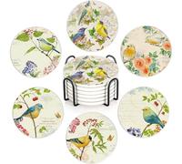 Spring Bird 6Pack Ceramic Drink Coasters,Quick-Absorb Stone Coasters with Anti-Slip Cork Backing & Metal Holder, Table Protectors for Kitchen Bar
