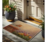 Spring Bird Doormat, Orange Robin Door Mat for Outdoor & Indoor Entrance Floral Decor, Rubber Waterproof Non-Slip Dust Absorbent Front Doormat, Easy Clean 29x17 Inch