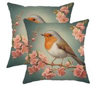 Spring Bird Throw Pillow Covers Set of 2, Peach Floral Robin Decorative Cushion Cases, Charming Nature Decor for Home Sofa Bed Couch, Ideal Gift for Bird Lovers 18x18 Inch