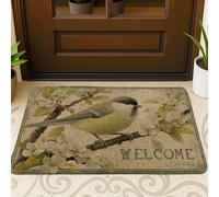 Spring Bird Welcome Doormat, Green Songbird Door Mat for Outdoor & Indoor Entryway Rustic Decor, Non-Slip Dust Absorbent Entrance Mats, Easy Care 29x17 Inch