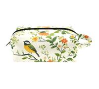 Spring Bird with Flowers Seamless Pattern Women Cosmetic Storage Bag, Hanging Makeup Toiletry Bag, Portable Leather Travel Bag School Pencil Case