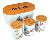 (Spring Birds) 4-Piece Kitchen Storage Set Tea, Coffee & Sugar Canisters with Bread Bin Airtight Bamboo Lids