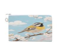 Spring Birds Blooming Flowers Coin Purse with Zipper, Canvas Change Purse Portable Coin Pouch for Men Women Small Cosmetic Bag