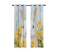 Spring Blackout Curtains for Bedroom Living Room, Watercolor White Rabbit Yellow Flower Blu Sky 84 In Long Thermal Insulated Room Darkening Drapes Grommet Window Treatments, 52 x 84 In