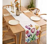 Spring Blooming Flower Table Runner 13x36 inch Butterfly Tulip Cotton Linen Dining Table Runner Ideal for Dresser Kitchen Coffee Tables - Machine Washable