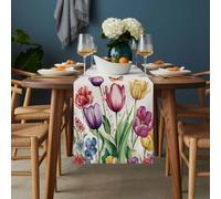 Spring Blooming Flower Table Runner 13x48 inch Butterfly Tulip Cotton Linen Dining Table Runner Ideal for Dresser Kitchen Coffee Tables - Machine Washable