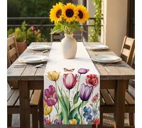 Spring Blooming Flower Table Runner 13x72 inch Butterfly Tulip Cotton Linen Dining Table Runner Ideal for Dresser Kitchen Coffee Tables - Machine Washable