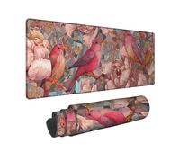 Spring Blossom Large Gaming Mouse Pad, Peach Floral Birds Design Stitched Edge Mousepad, Rubber Non-Slip Washable Gaming Mouse Pad for Home and Office Setup 12x32 Inch