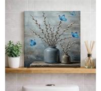Spring Blue Butterfly Floral Wall Art, Gray Beige Rustic Canvas Decor, Nature Inspired Aesthetic for Living Room, Bedroom, Office, Home Decoration 12x12 Inch