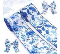 Spring Blue Porcelain Wired Ribbon for Wreath Bows Blue White Chinoiserie Floral Decorative Ribbon 2 Rolls 10 Yards for Spring Wreath DIY Crafting Gifts Wrapping Baby Shower Summer Party Decor