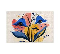 Spring Bluebell Flower Jigsaw Puzzles for Adults 1000 Piece, Retro Mid Century Florals Wooden Printed Puzzles, Fun Funky Pattern Decorations for Party