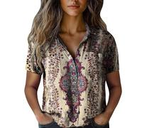 Spring Boho Tops Linen Shirts for Women UK Boho Floral Blouses Button Down Shirts Plus Size Short Sleeve Shirt Casual Collared V Neck Going Out