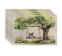 Spring Boston Terrier Dog Placemats Set of 4, 12x18 Inch, Cute Floral Tree Swing 4Pcs Seasonal Table Mats for Home Dinning, Pet Holiday Party Kitchen Decor