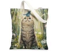 Spring British Shorthair Cats Canvas Tote Bag for Shopping 13 * 15, Cute Bluebird Forest Reusable Grocery Bag for Women, Kitten Pet Work Travel Painting Gift Decor