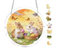 Spring Bunnies Easter Eggs Floral 7.8x7.8Inch Round Acrylic Hanging Puzzle | Creative Home Accent with Visual Appeal