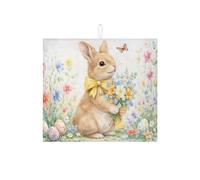 Spring Bunny Dish Drying Mats for Kitchen Counter, Cute Floral Absorbent Dish Drainer Rack Mat, Easter Garden Microfiber Drying Pad for Kitchen Counter Decor 16x18 Inch