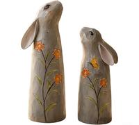 Spring Bunny Resin Figurines Hand Painted Decorative Set of 2 for Living Room Shelf Mantel or Entryway Display (Gray)