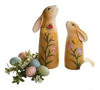 Spring Bunny Resin Statues Set of 2 for Easter Decor Indoor Balcony Bookshelf or Living Room Coffee Table Styling (Brown)