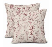 Spring Burgundy Red Floral Pillow Covers 18x18 Inch Vintage Wild Flower Herbs Plant Butterfly Decorative Pillow Cases Botanical Farmhouse Cushion Covers Home Decor For Sofa Couch Outdoor Set of 2