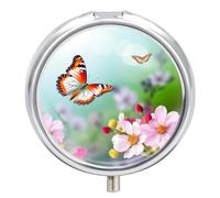 Spring Butterfly and Flower Pill Box 3 Compartment Portable Round Pill Organizer Leak-Proof Lightweight Daily Compact Travel Pill Case for Vitamins Supplements Medication