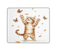 Spring Butterfly Cat Desk Mouse Pad, Orange Cute Kitten Design Non-Slip Washable Mousepad for Home and Office Computer, Laptop Square 8x10 Inch