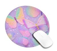Spring Butterfly Desk Mouse Pad, Pastel Glitter Butterflies Stitched Edge Mousepad, Rubber Non-Slip Washable Gaming Pad for Home and Office Round 8x8 Inch