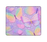 Spring Butterfly Desk Mouse Pad, Pastel Glitter Butterflies Stitched Edge Mousepad, Rubber Non-Slip Washable Gaming Pad for Home and Office Square 8x10 Inch
