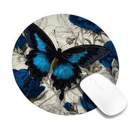 Spring Butterfly Floral Desk Mouse Pad, Blue Flower Stitched Edge Mousepad, Rubber Non-Slip Washable Gaming Mouse Pad for Home and Office Computer, Laptop Round 8x8 Inch