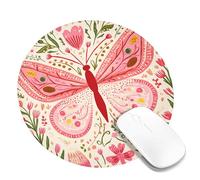 Spring Butterfly Floral Desk Mouse Pad, Peach Colorful Flower Design Stitched Edge Mousepad, Rubber Non-Slip Washable Gaming Mouse Pad for Home and Office Computer, Laptop Round 8x8 Inch