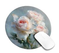 Spring Butterfly Floral Desk Mouse Pad, Soft Peach Roses and Butterflies Non-Slip Washable Mousepad for Home and Office Computer, Laptop Round 8x8 Inch