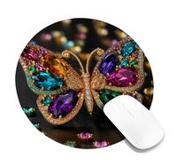Spring Butterfly Gemstone Mouse Pad, Colorful Jewels Butterfly Design, Stitched Edge Rubber Non-Slip Gaming Mat for Home and Office Computer, Laptop Round 8x8 Inch
