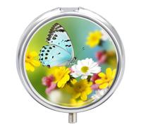 Spring Butterfly Pill Box Round Portable Small Pill Case Waterproof Travel Pill Box Organizer for Pocket Purse and Daily Convenience