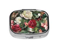 Spring Butterfly Rose Flowers1_1 Square Mini Pill Case, Compact Metal Pocket Pill Box with 2 Compartments for Travel