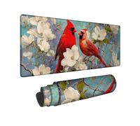Spring Cardinal Large Mouse Pad, Red Songbird Floral Design Stitched Edge Mousepad, Rubber Non-Slip Washable Gaming Mouse Pad for Home and Office Computer, Laptop 16x36 Inch